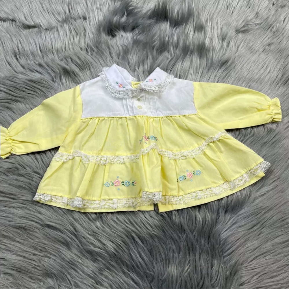 Vintage Baby Girls Cradle Togs Yellow White Lace Ruffle Dress